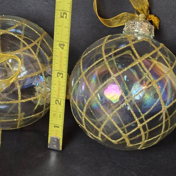 Frontgate Iridescent Glass Christmas Ornaments Set Of 3 Gold Lattice Ribbon 4" - Picture 6 of 7